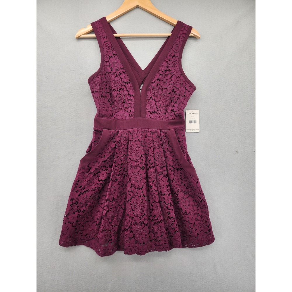 Free People Reign Over Me Lace Mini Dress Berry Purple V-Neck Pockets XS New Tag